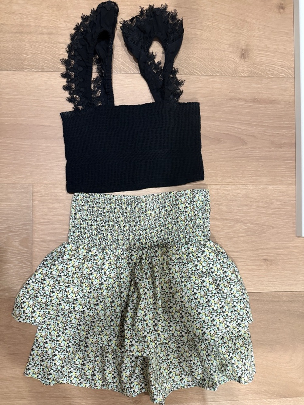 Vero Moda Black Lace Crop Top with Multicolor Floral Smocked Skirt